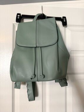 Zara Sage Green Faux Leather Backpack Minimalist Flap Drawstring Bag
